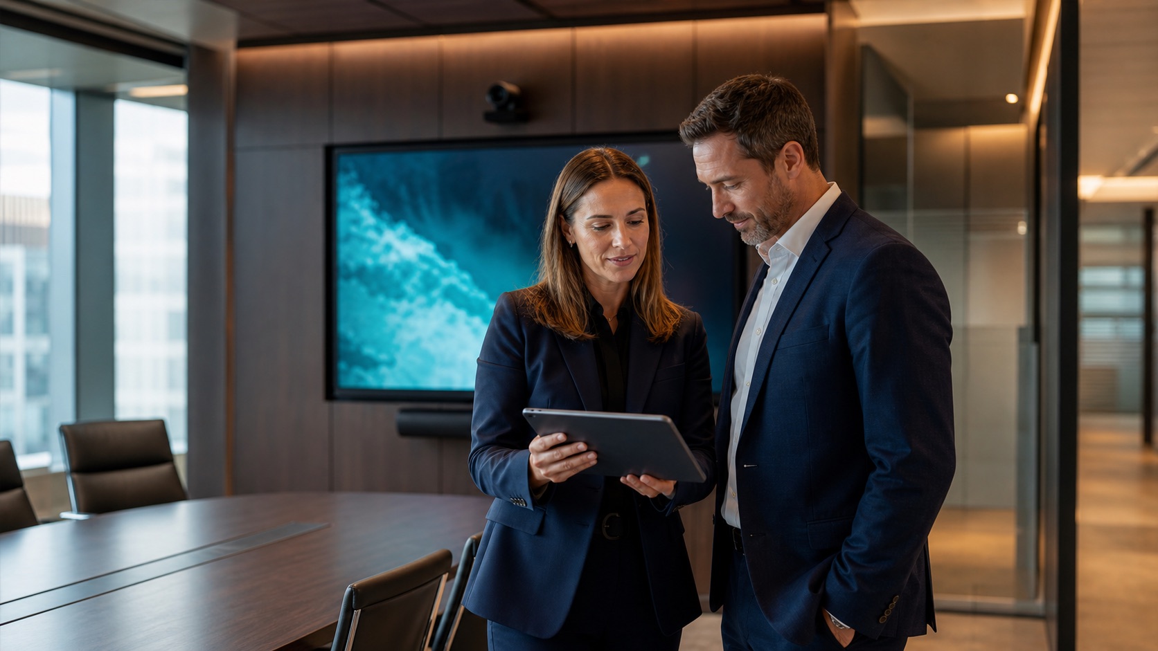 A project manager reviewing a completed AV project handover with a client