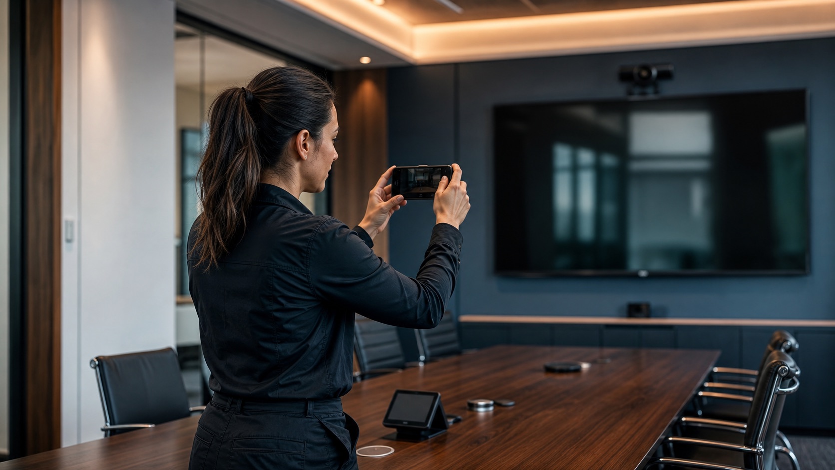 An AV engineer capturing installation evidence in a completed meeting room
