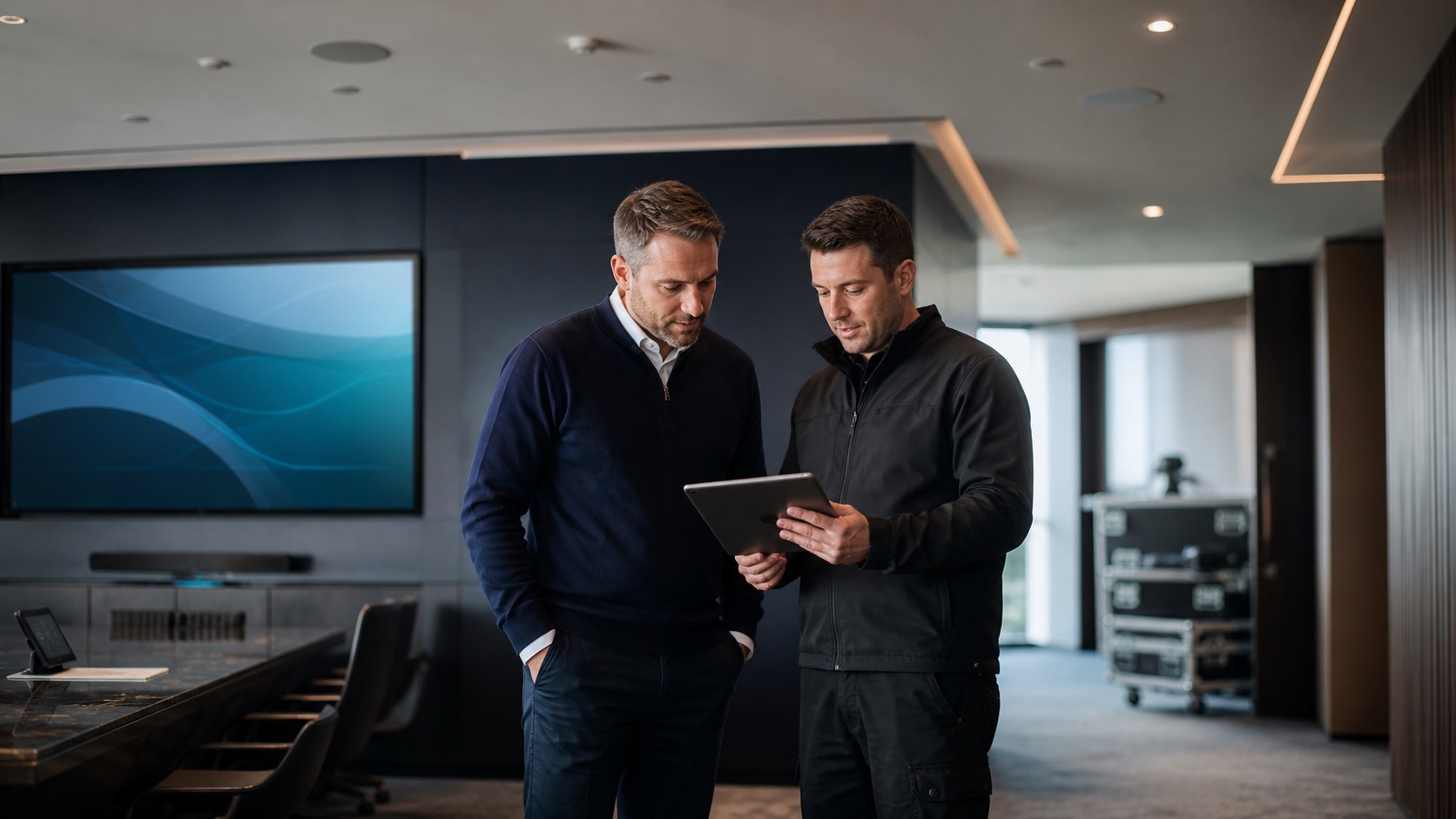 An AV project manager and engineer reviewing project information on site