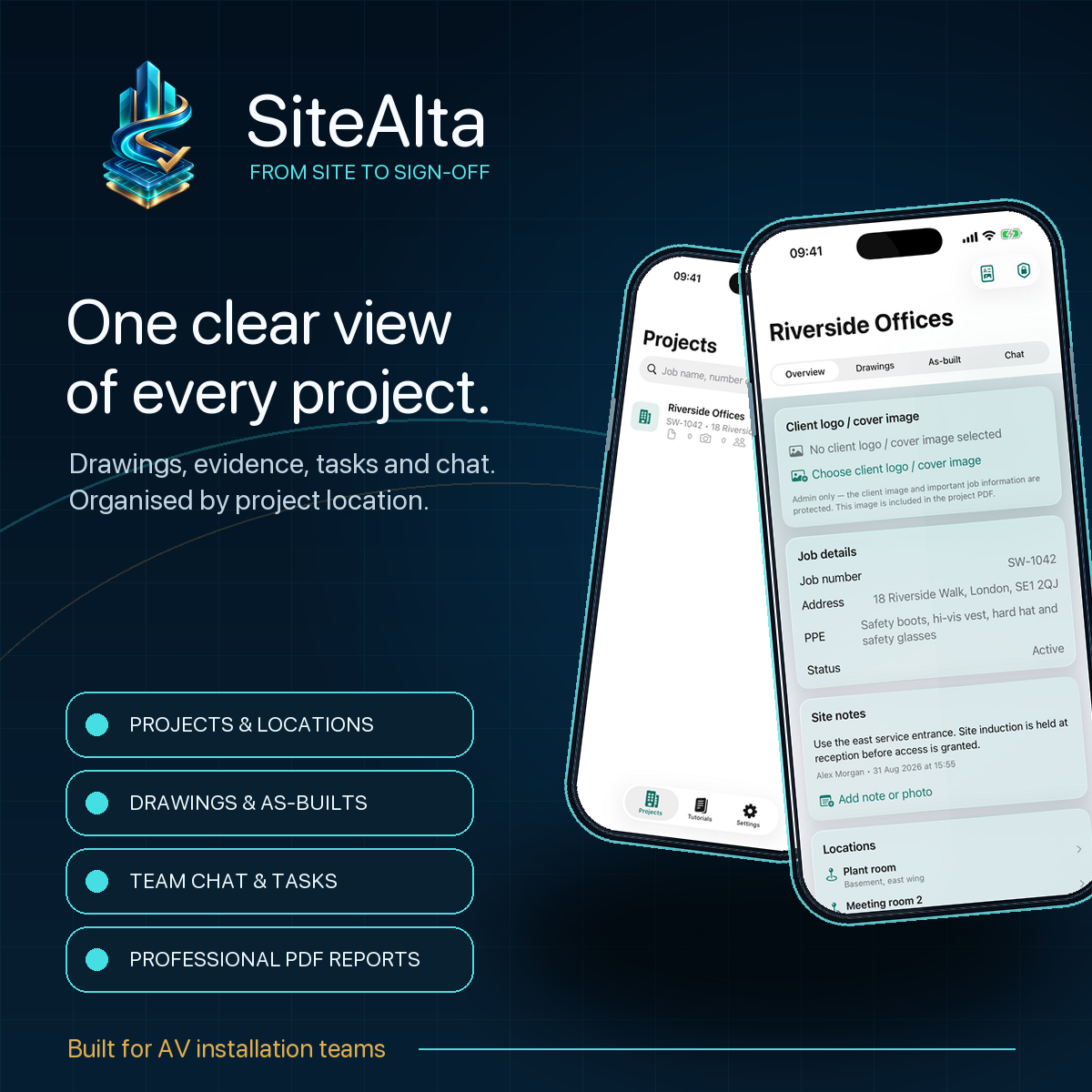SiteAlta project screens showing a project list and the Riverside Offices project overview
